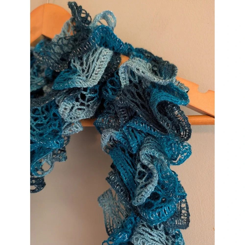 Vintage Y2K Blue Ombre Ruffle Scarf Metallic Silver Shimmer Mesh Knit Sash
